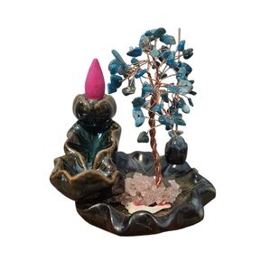 NWT Ceramic Waterfall Incense Burner with Blue Apatite Crystal Tree, Koi Pond